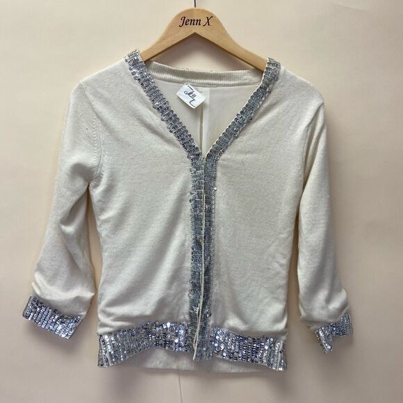 MILLY of New York White Sequins Cardigan Sweater Long Sleeve Ribbed Knit - Picture 1 of 9